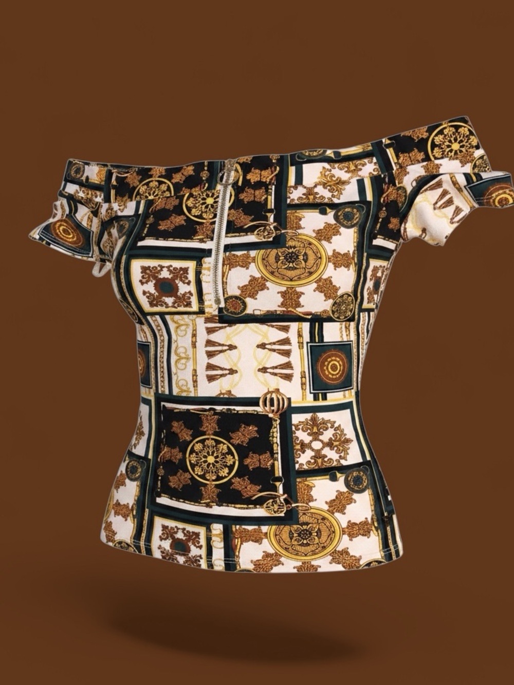 GUESS Baroque Print Off-Shoulder Women’s Top in Black, White & Gold